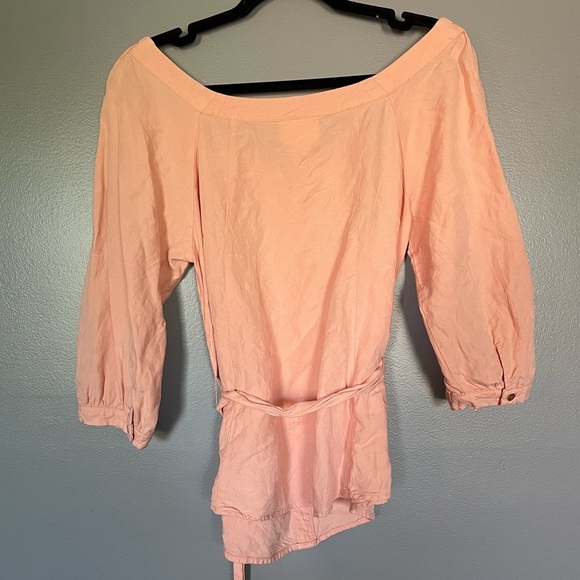 Maeve Anthropologie Alanis Belted Blouse Button Up Shirt Off Shoulder pink sz 8 - Picture 11 of 16